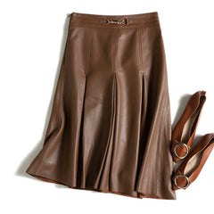 Literary Retro Leather Skirts Women Female 3D Metal  Tailoring High Waist Mid Long