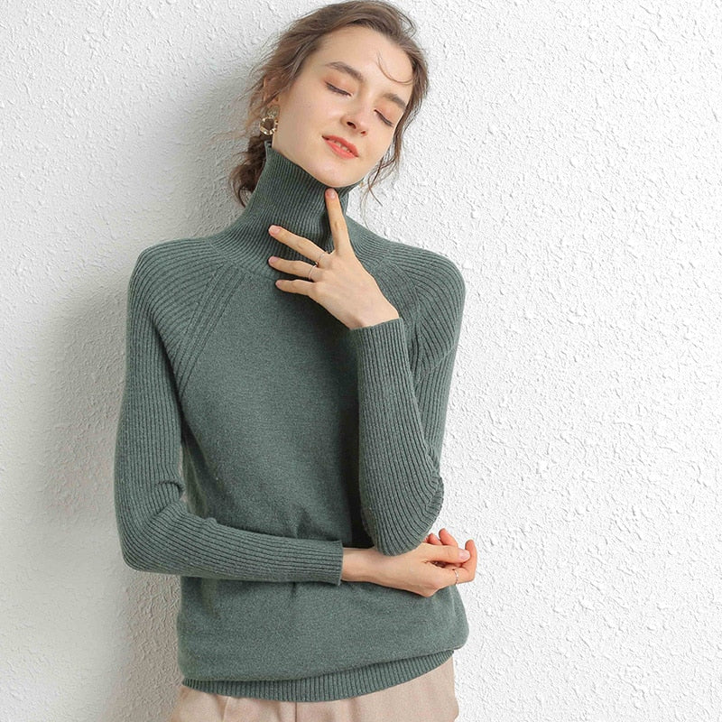 Women Turtleneck Merino Wool Cashmere Sweater Long Sleeves Autumn Winter Sweater