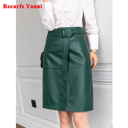 Women Lace-up Genuine Leather Skirt Female Winter Pure Knee Length