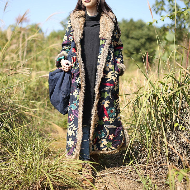 Ethnic Style Winter Coat Fur Collar Long Dust Coat Windbreaker Cotton Linen
