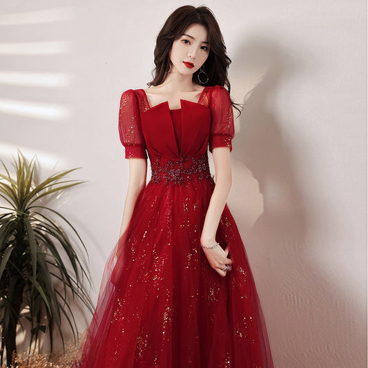 Gorgeous Burgundy Ball Gown Elegant Beaded Long Party Dress