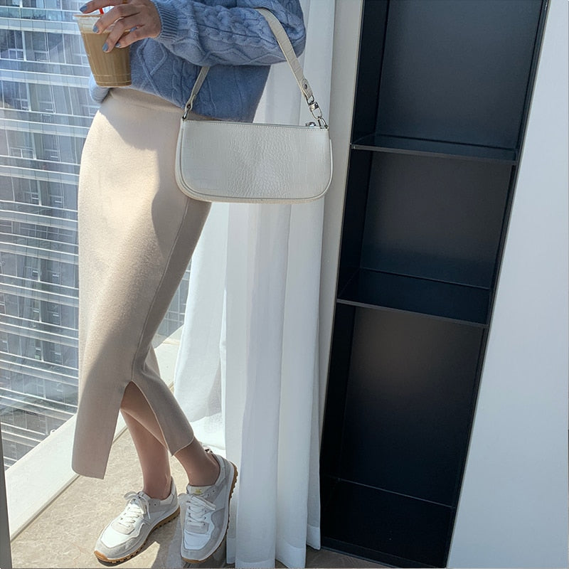 High Elastic Waist Women Long Skirt Knitted Pencil Skirt Wool Autumn Split Skirts