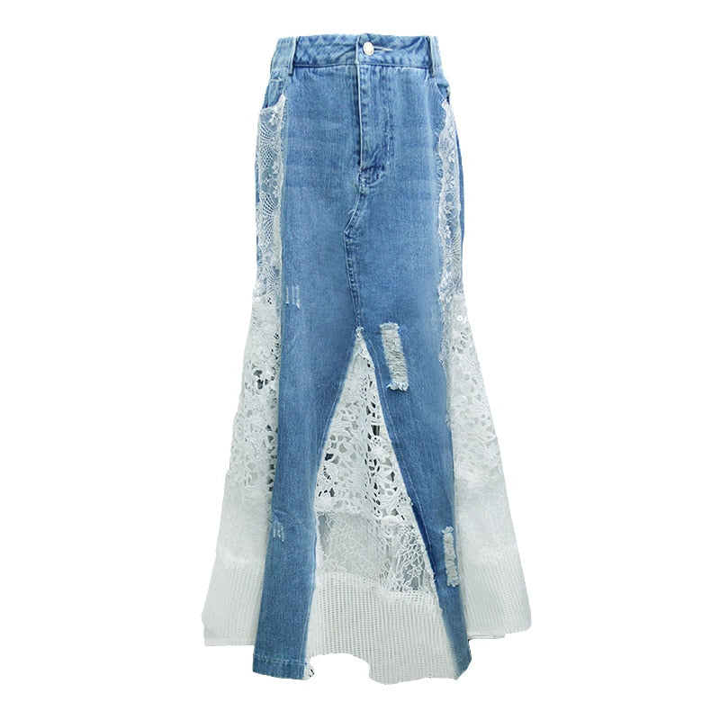 Fashion Long Maxi Denim And Lace Fishtail Skirt For Women S-2XL Mermaid Style