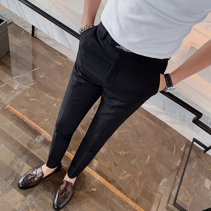 Embroidered Men's Business Dress Pants Korean Style Slim Fit Office