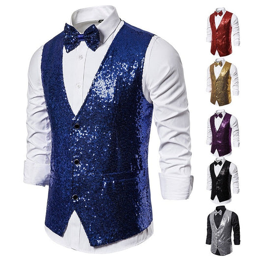 Shiny Royal Blue Sequin Dress Vests Men Slim Fit V Neck Glitter Tuxedo Waistcoat