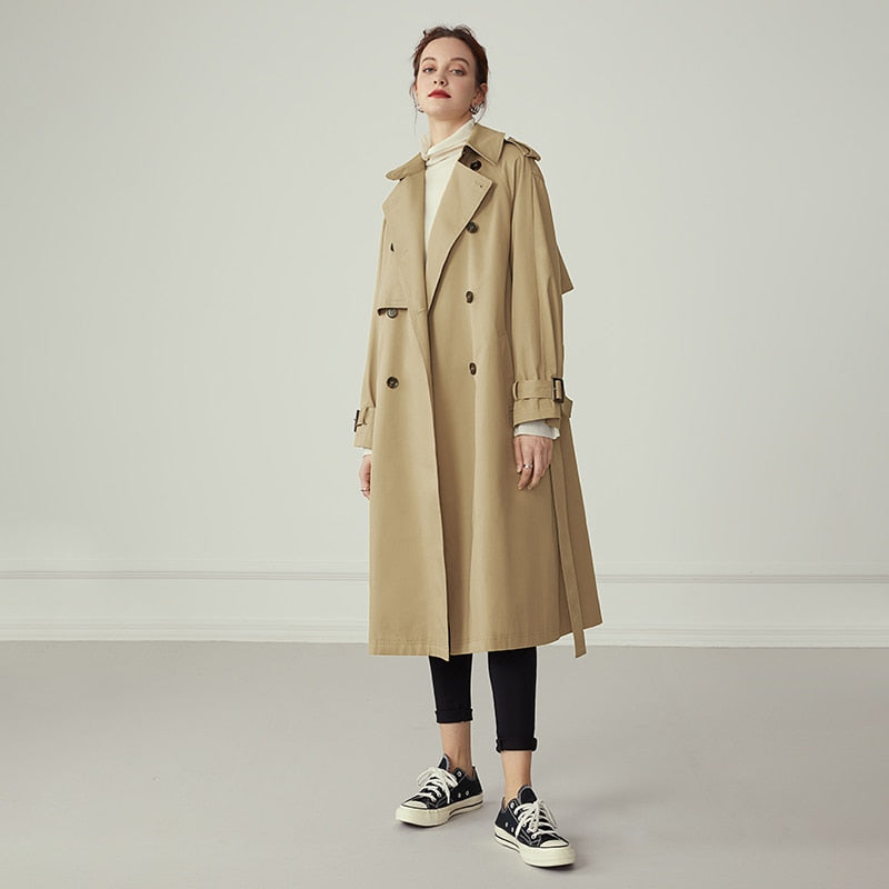100% Cotton Khaki Long Women Trench Coat