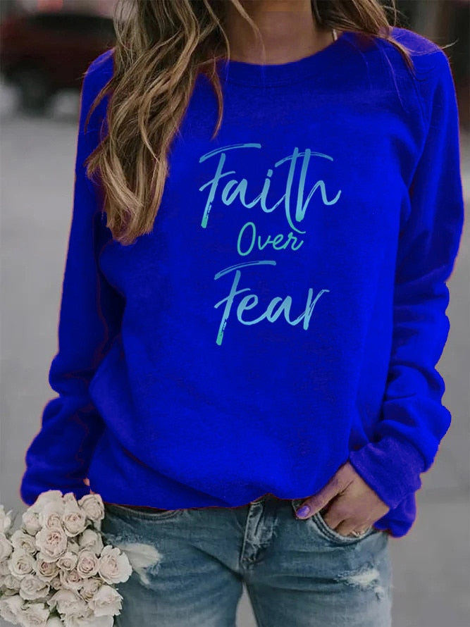 Women Hoodie Faith Over Fear Letter Printed Hoodies Women Fleece Long