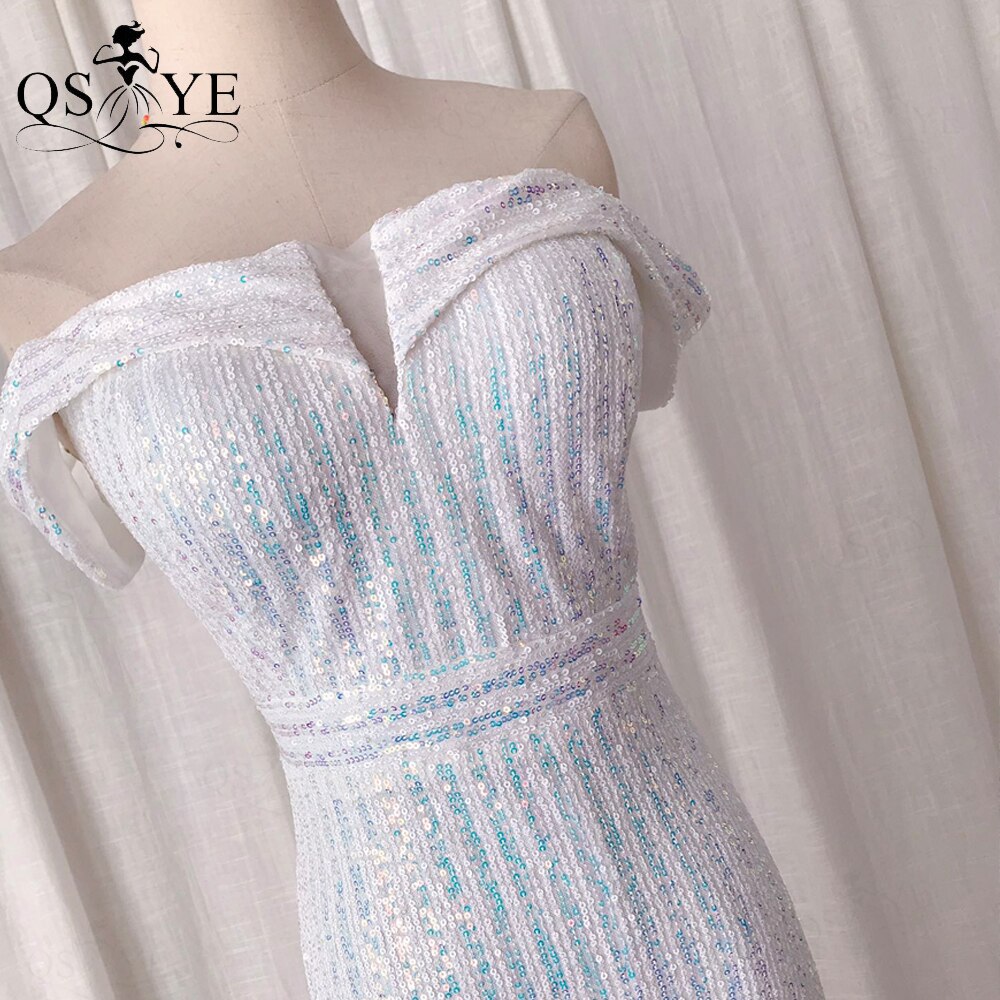 Homecoming Dresses: Off Shoulder White Prom Dress Long Twill Sequin Evening Gown