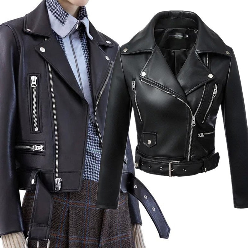 Women Autumn Winter Black Faux Leather Jackets Zipper Basic Coat
