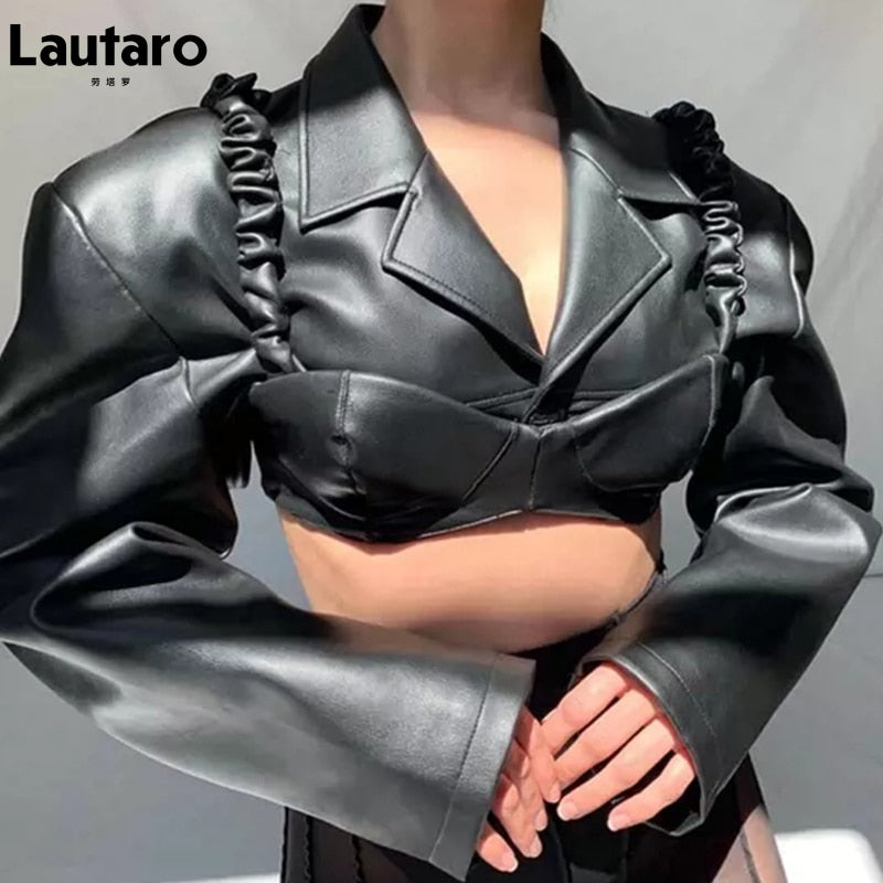 Spring Autumn Short Black Light Faux Leather Jacket Women Long