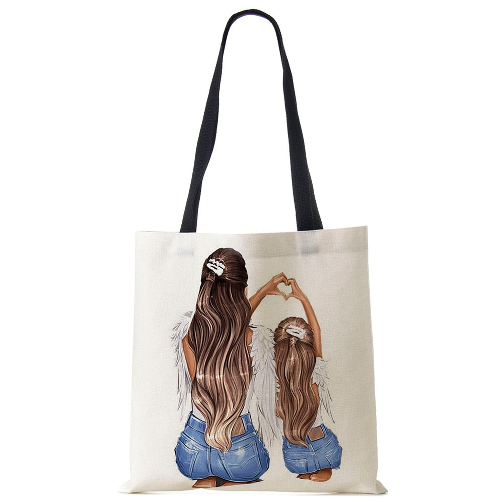Cute Cartoon Super Mama Print Linen Tote Bag Reusable Shoulder Bags Mom