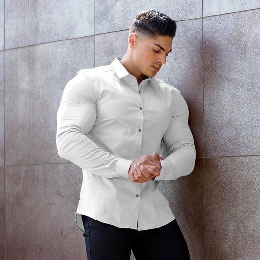 Men Fashion Casual long Sleeve Solid Shirt Super Slim Fit Male