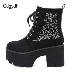 Fashion Flower Platform Boots Chunky Punk Leather Womens