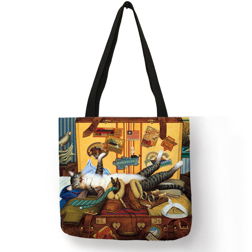 Customize Oil Painting Cat Print Womens Designer Tote Bags Linen