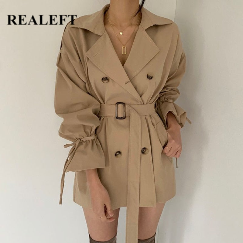 REALEFT Autumn Winter Khaki Minimalist Women's Trench Coat