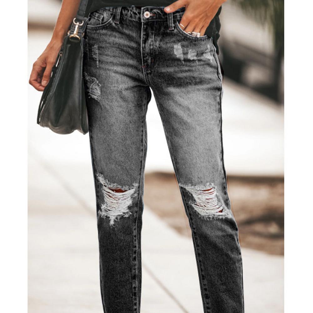 Women High Waist Jeans Ripped Holes Tassels Slimming Trousers Streetwear