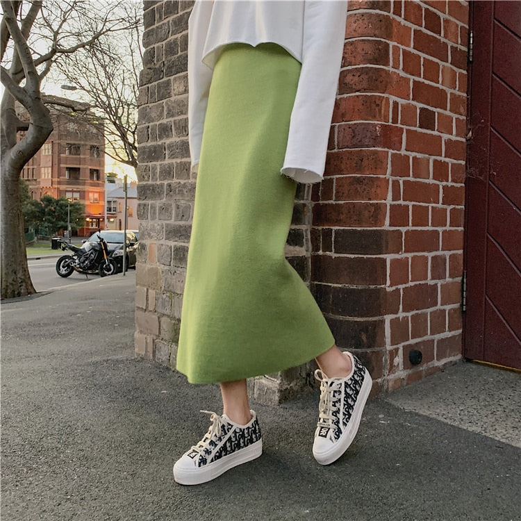 High Elastic Waist Women Long Skirt Knitted Pencil Skirt Wool Autumn Split Skirts