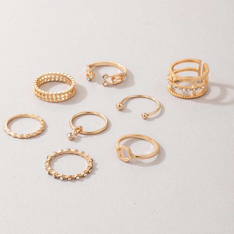 Tocona 8pcs/sets Hollow Out Rings for Women Men Charms Clear Crystal