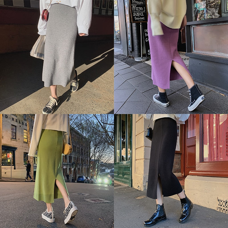 High Elastic Waist Women Long Skirt Knitted Pencil Skirt Wool Autumn Split Skirts