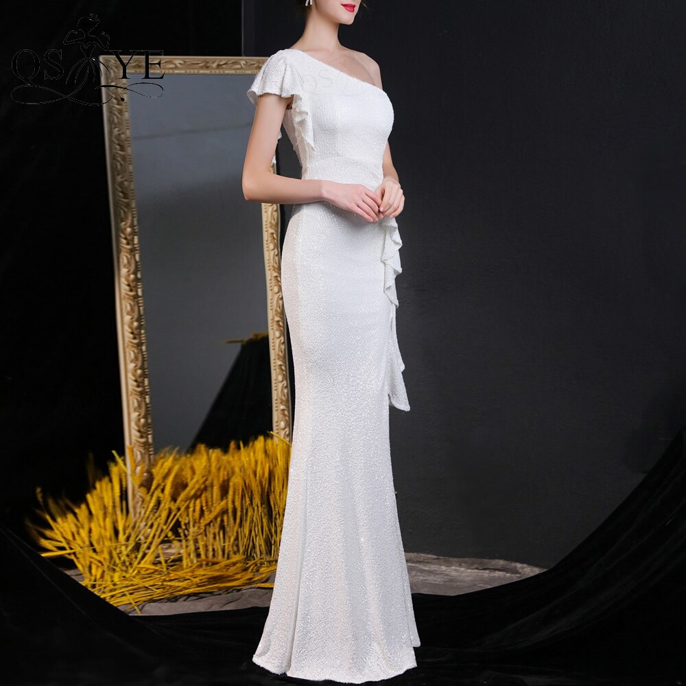 Evening wear Dresses: One Shoulder Silver Prom Dresses Ruffles Sequin Sheath