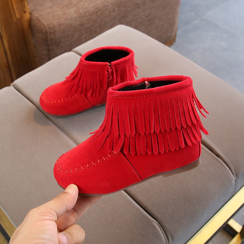 Fringes Girls Ankle Boots Princess Sweet Red Pink Black Flock Fabric Warm Rubber