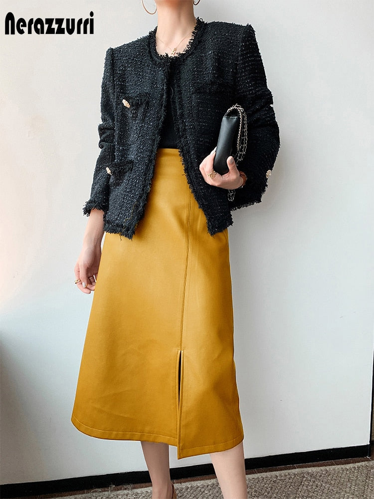 Midi skirts below knee Yellow black soft leather skirt women zipper