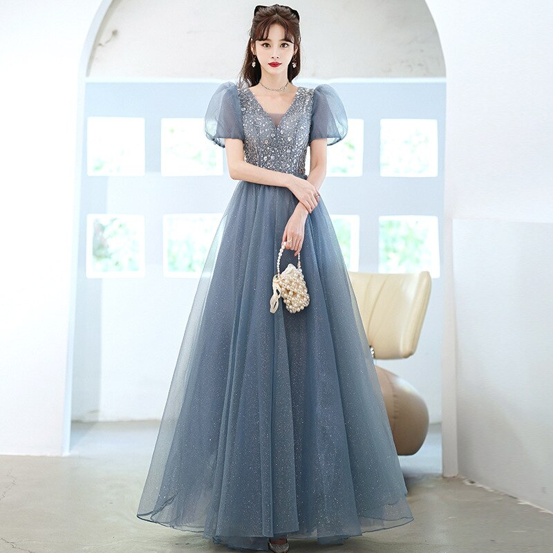 Evening wear Dresses: Formal Evening Prom Dress Gorgeous V Neck Puff Sleeve