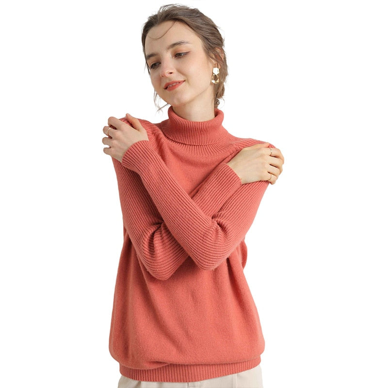 Women Turtleneck Merino Wool Cashmere Sweater Long Sleeves Autumn Winter Sweater