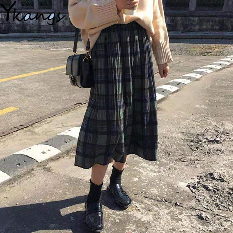 Woolen Winter Plus Size 3XL pleated plaid skirts Women Warm Vintage Long skirts