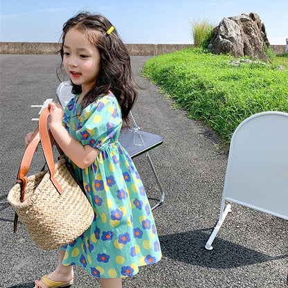 Summer Girls Dress Small Fresh Flower Dress Halter Temperament Short-Sleeved