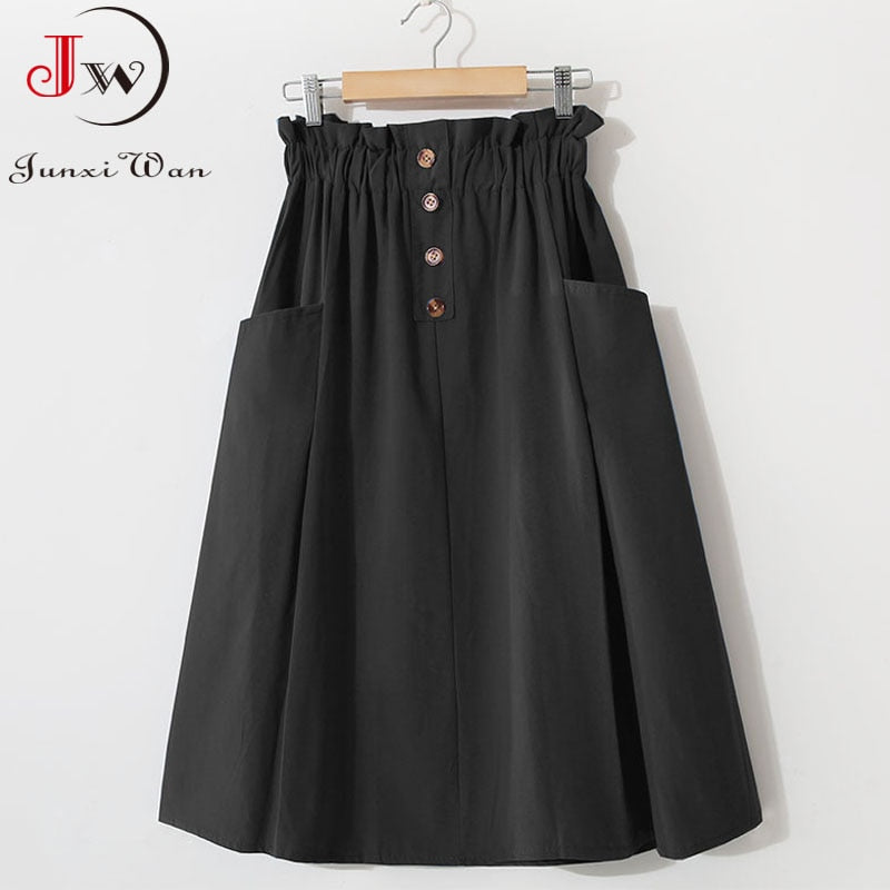 Women Summer Skirt Spring Korean Style Casual Solid High Waist  A-Line Midi Skirts