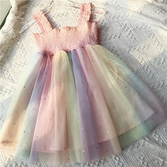 Girls Dress Rainbow Crumpled Mesh Suspender Princess Party Dress