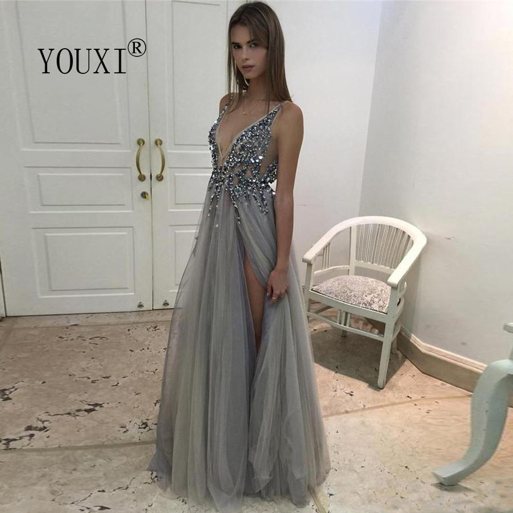 Prom Dresses Long V Neck Light Gray High Split Tulle Sweep Train Sleeveless