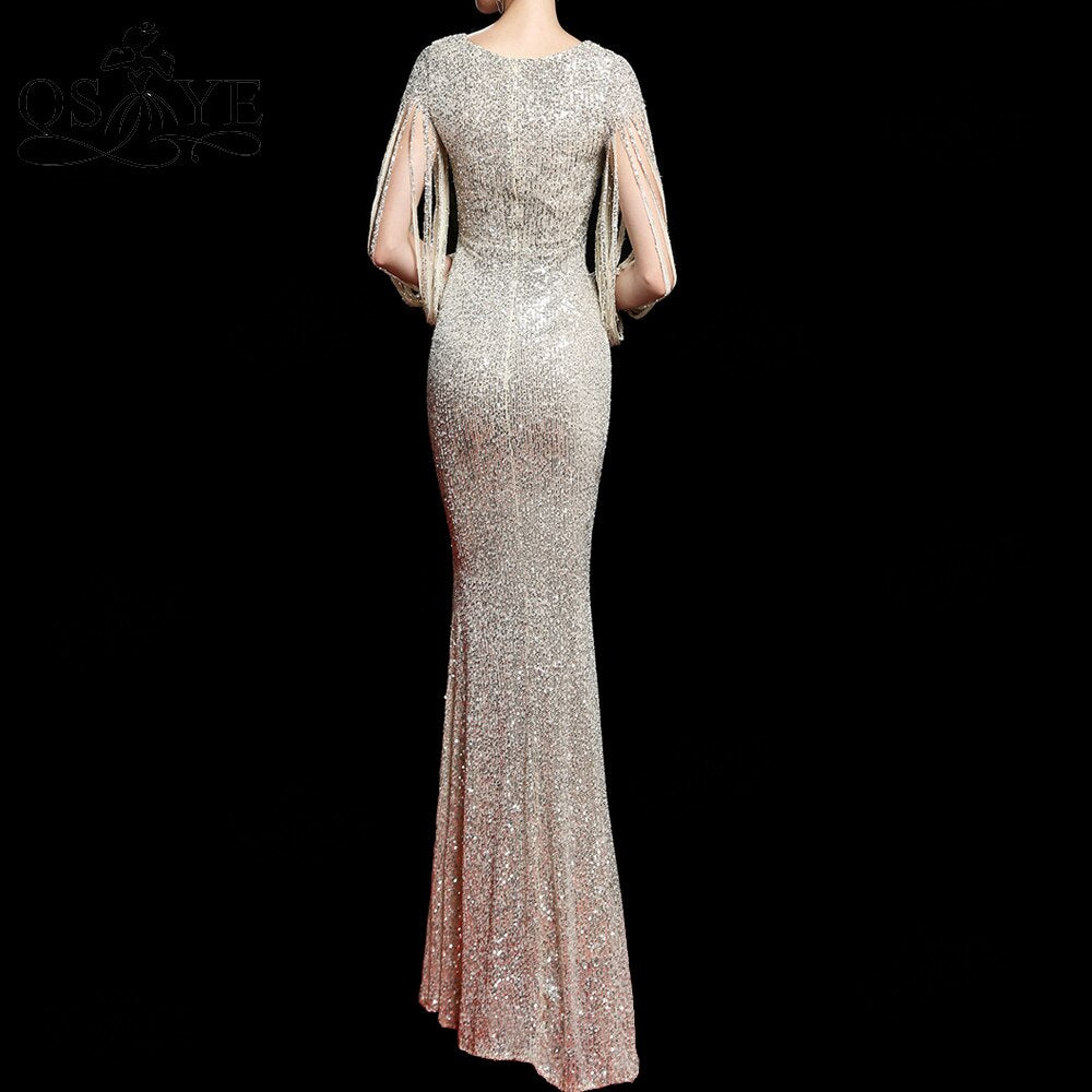 Evening wear Dresses: Silver Sequin Evening Dresses V neck Mermaid Prom Gown