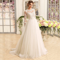 Gorgeous Long Sleeve Wedding Dresses O-Neck Lace A-line Soft Tulle