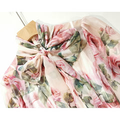 Spring Summer Fashion Designer dress Women Dress Bow collar Rose Floral-Print Elegant Vacation Chiffon Dresses