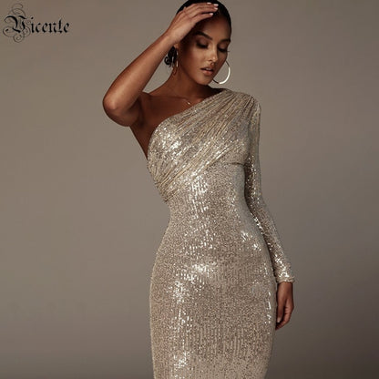 Sexy One Shoulder Dress Sparkle Glitzy Sequins Dress