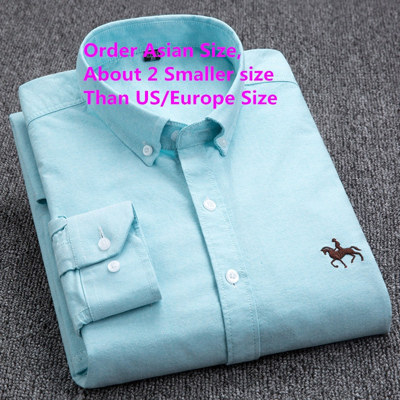 Cotton Oxford Shirt Men's Long Sleeve Embroidered Horse Casual