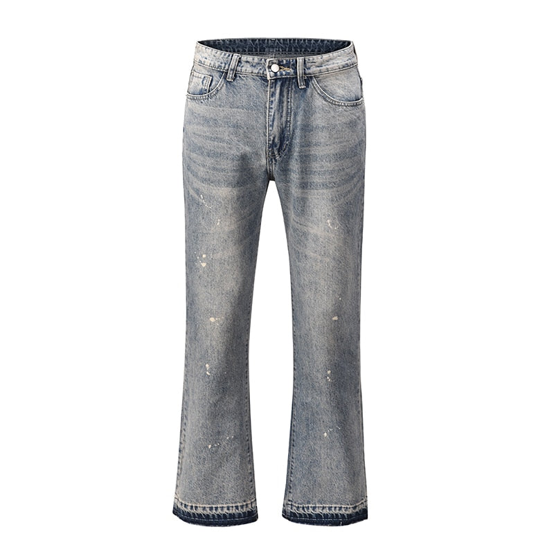 Vintage Patchwork Flare Jeans Urban Men Streetwear Wide Leg Denim Pant Hip Hop