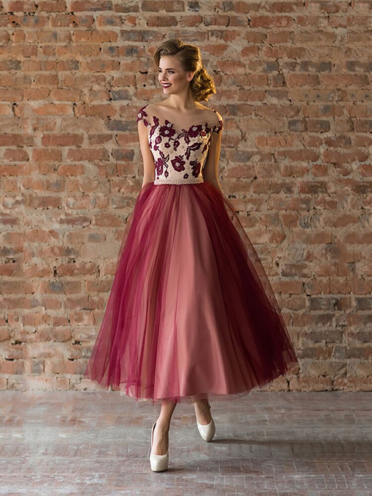 Evening wear Dresses: Prom Party Dresses Tea Length Cap Sleeves Illusion