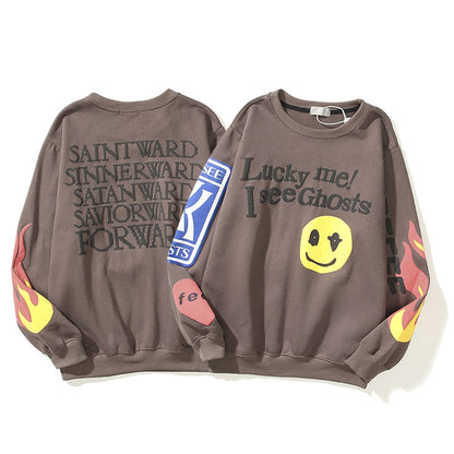 Smiley Flame Print Round Neck Sweatshirts Men and Women Plus Velvet Streetwear