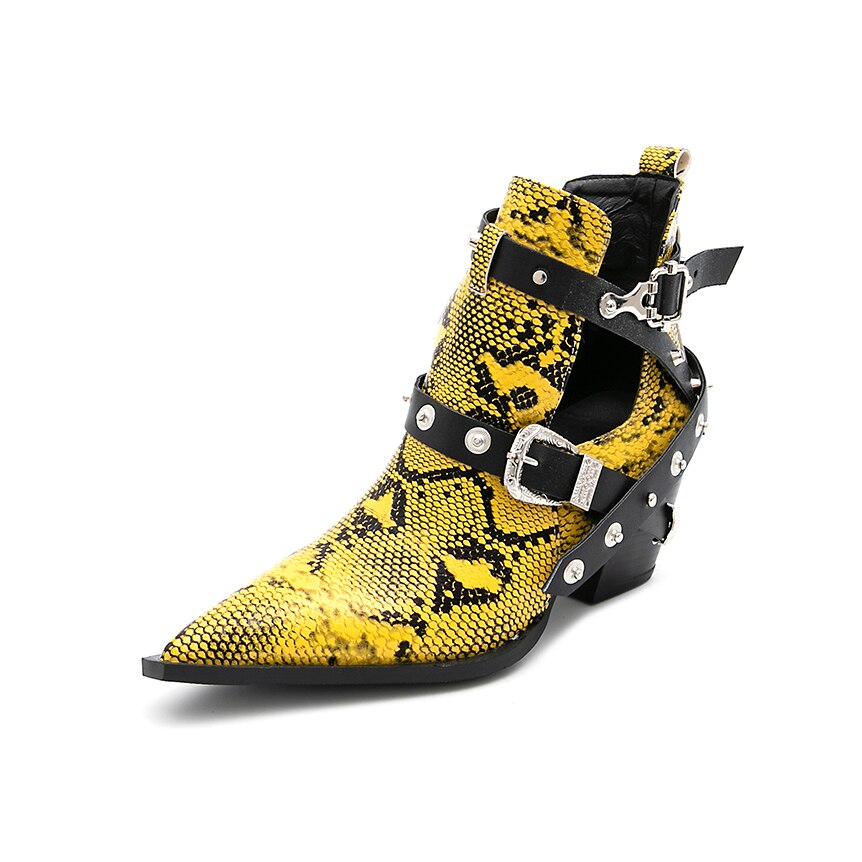 Motorcycle Western Cowboy Boots Women Snake PU Leather Short Cossacks
