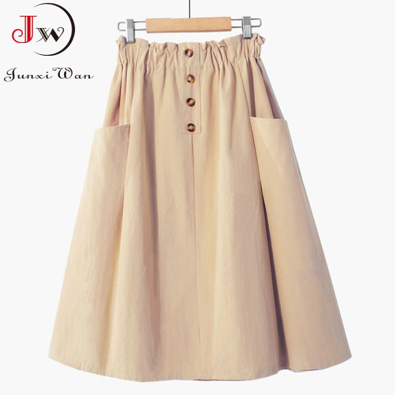 Women Summer Skirt Spring Korean Style Casual Solid High Waist  A-Line Midi Skirts