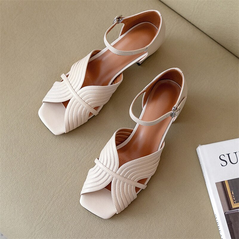 Sandals Shoes Women Genuine Leather Ankle Strap Shoes Med Thick Heel
