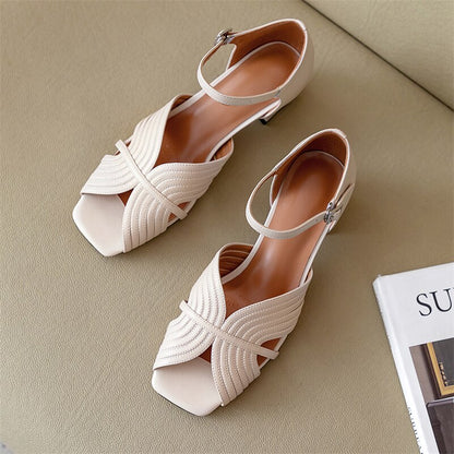 Sandals Shoes Women Genuine Leather Ankle Strap Shoes Med Thick Heel