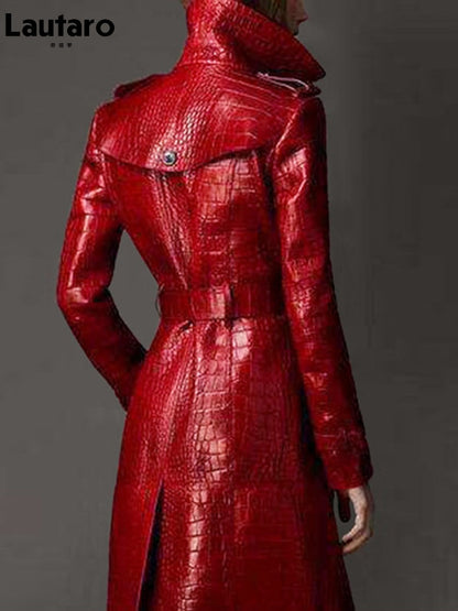 Lautaro Autumn Long Red Crocodile Print Leather Trench Coat for Women