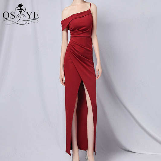 Front Split Evening Gown Tea Length Ruched Formal Dress Side Sleeves Straps