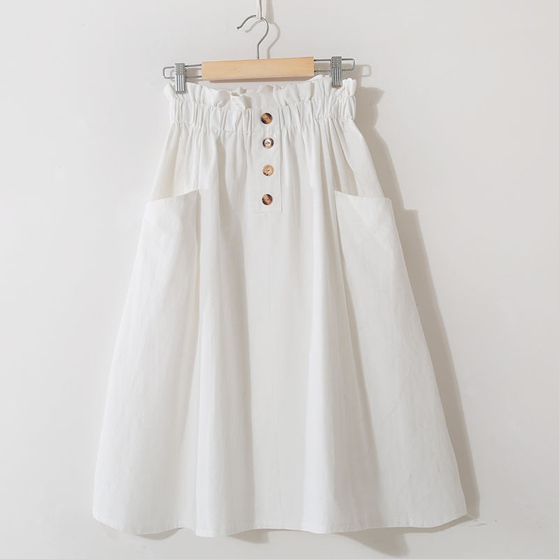 Women Summer Skirt Spring Korean Style Casual Solid High Waist  A-Line Midi Skirts