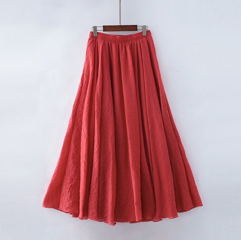 Cotton Linen Maxi Skirt Womens Casual Elastic High Waist Pleated