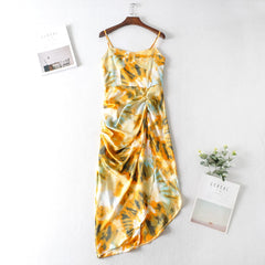 Women Vintage Yellow Tie dye Flower print  Spaghetti Strap Dress